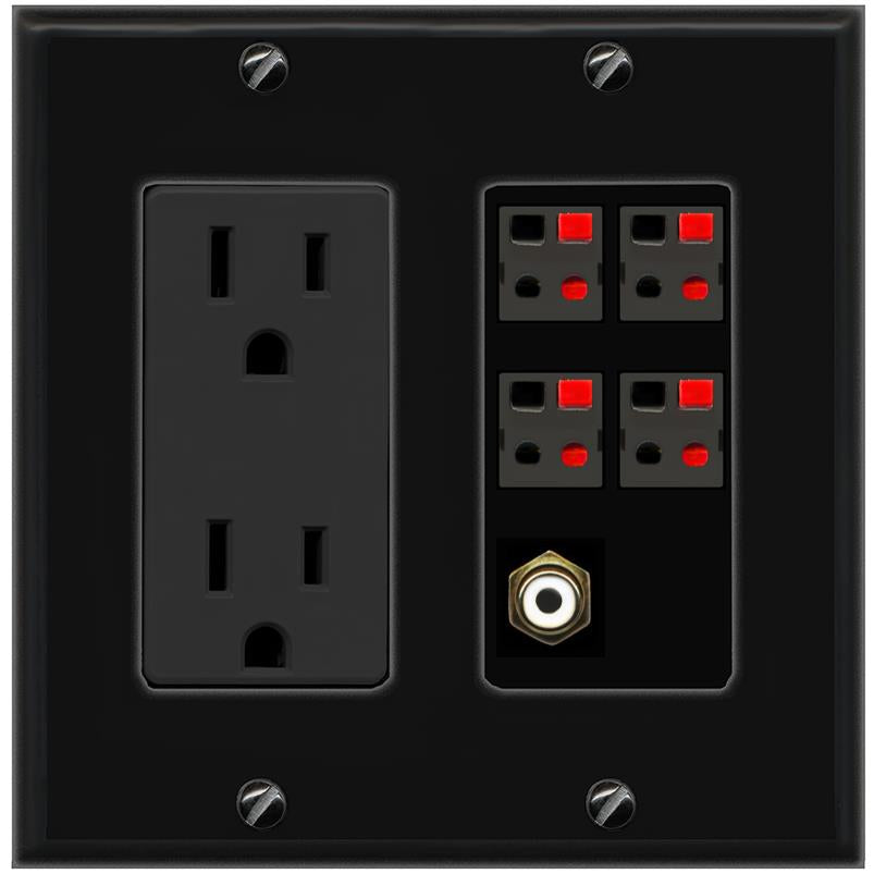 RiteAV 4 Port Speaker Wire Plug Jack Wall Plate with RCA for Subwoofer - Outlet [Black/Black]