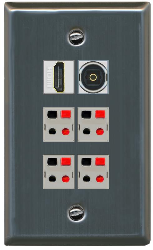 RiteAV 4 Speaker 1 Toslink HDMI Wall Plate - Flat [Stainless Steel]