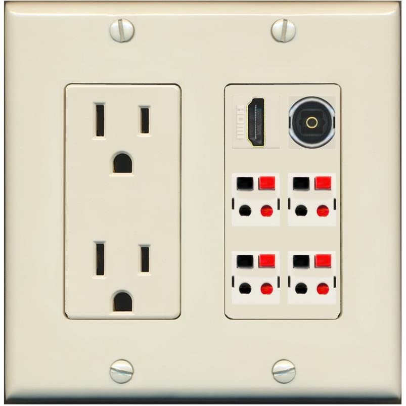 RiteAV 4 Speaker 1 Toslink HDMI Wall Plate - Outlet [Light-Almond]