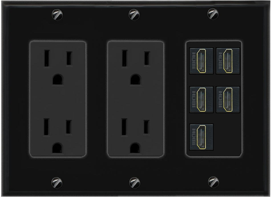 RiteAV 5 Port HDMI Wall Plate - 3 Gang 2 Outlet [Black/Black]