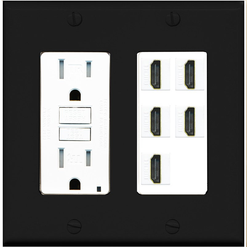 RiteAV 5 Port HDMI Wall Plate - GFCI Outlet [Black/White]