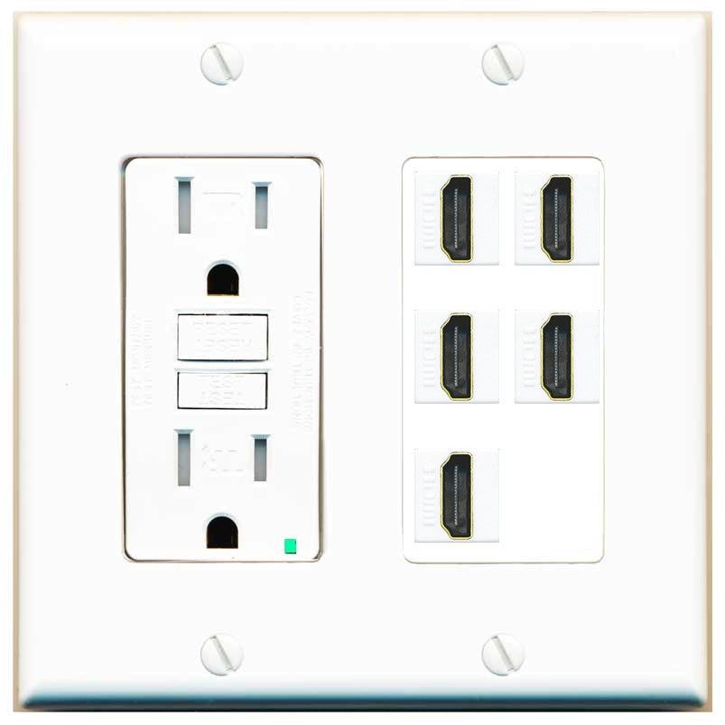 RiteAV 5 Port HDMI Wall Plate - GFCI Outlet [White]