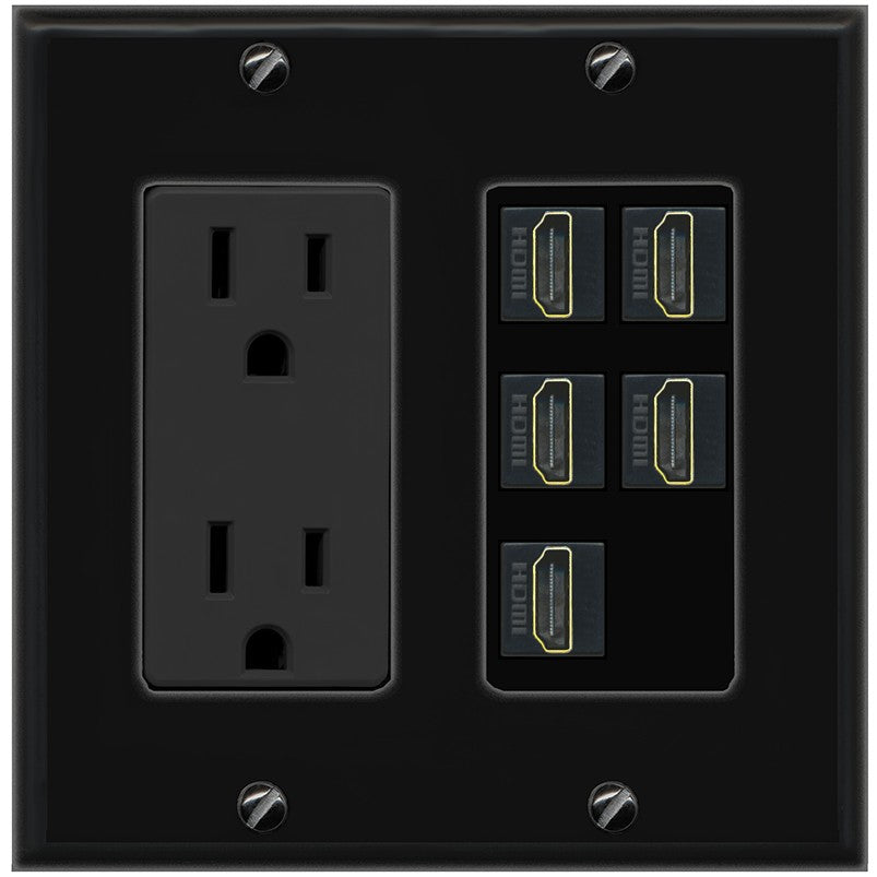 RiteAV 5 Port HDMI Wall Plate - Outlet [Black/Black]
