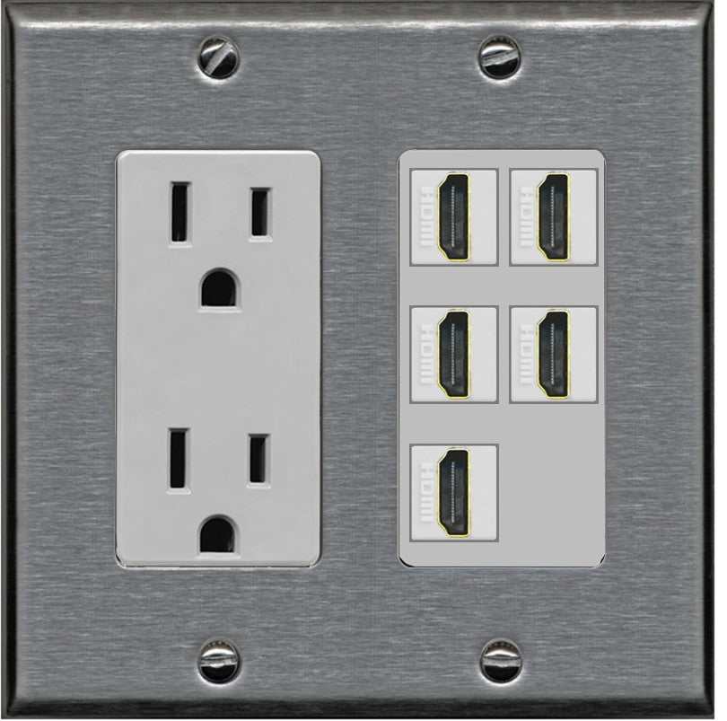 RiteAV 5 Port HDMI Wall Plate - Outlet [Stainless/Gray]