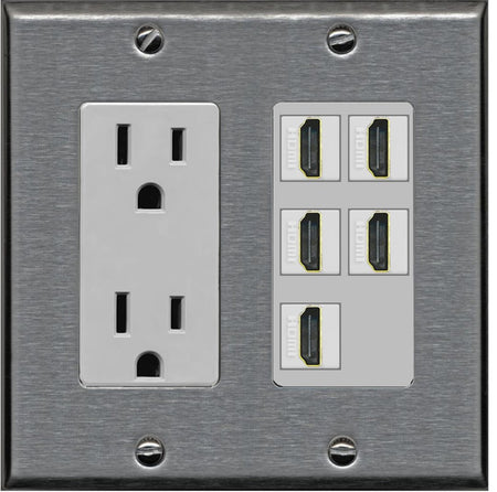 RiteAV 5 Port HDMI Wall Plate - Outlet [Stainless/Gray]