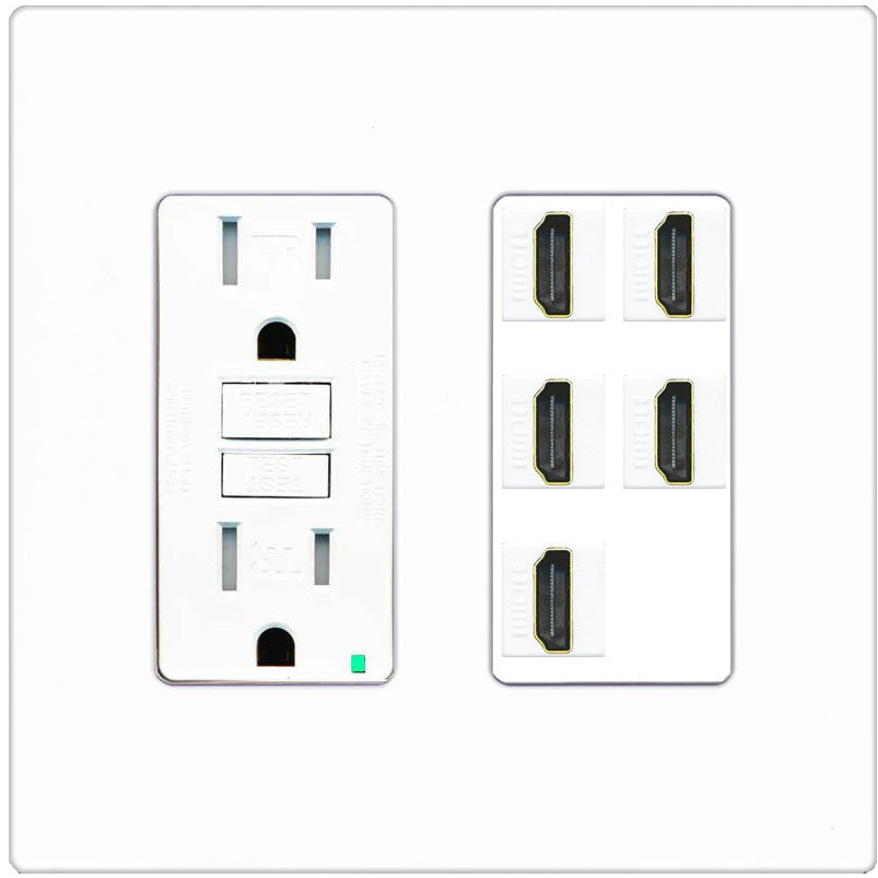 RiteAV 5 Port HDMI Wall Plate - GFCI Outlet [Screwless White]