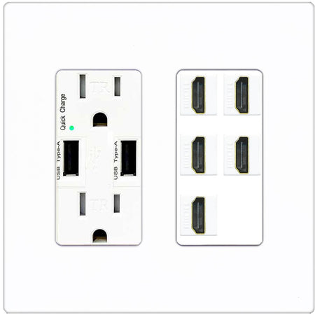 RiteAV 5 Port HDMI Wall Plate - USB Outlet [Screwless White]