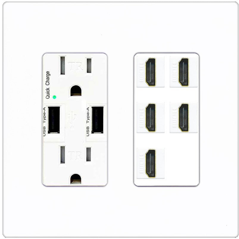 RiteAV 5 Port HDMI Wall Plate - USB Outlet [Screwless White]