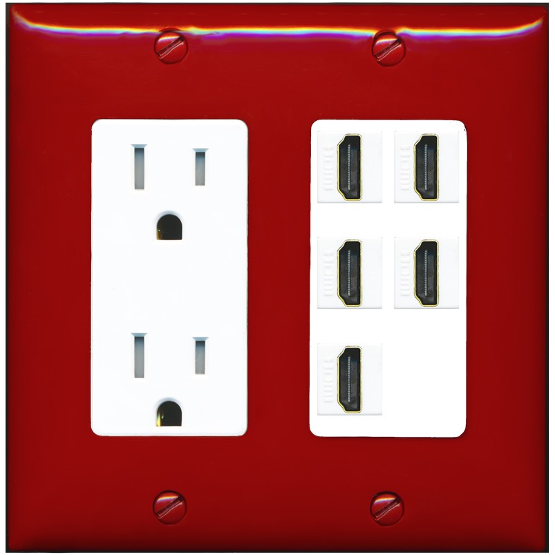 RiteAV 5 Port HDMI Wall Plate - Tamper-Resistant Outlet [Red/White]