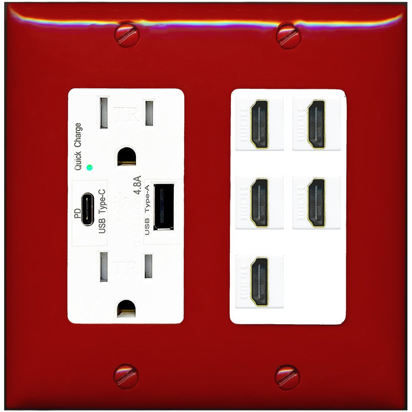 RiteAV 5 Port HDMI Wall Plate - USB A+C Outlet [Red/White]