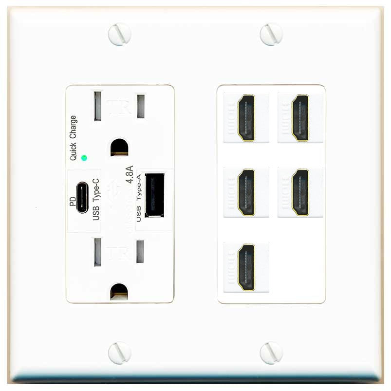 RiteAV 5 Port HDMI Wall Plate - USB A+C Outlet [White]