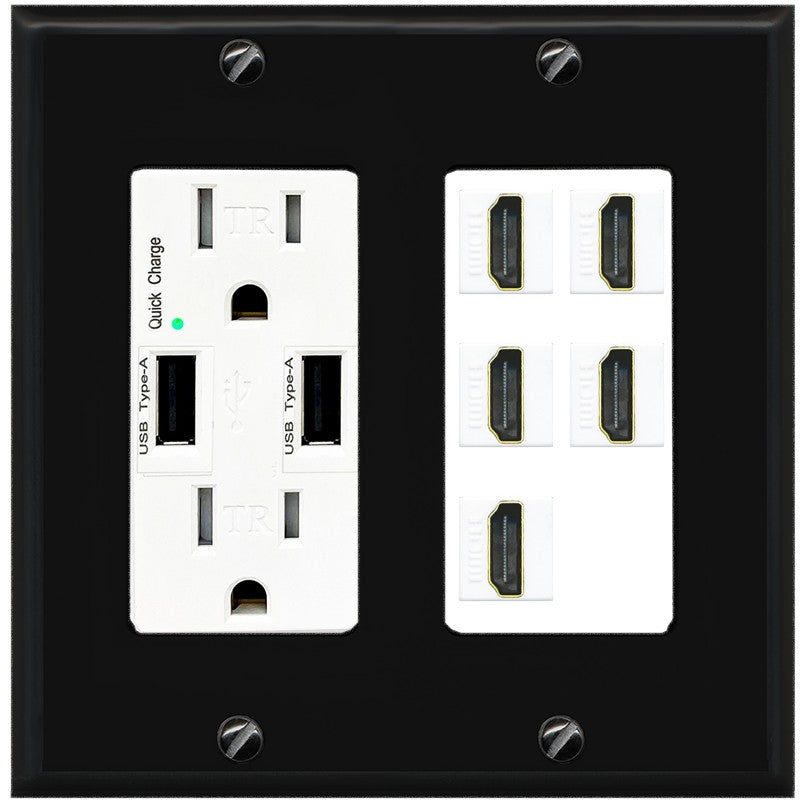 RiteAV 5 Port HDMI Wall Plate - USB Outlet [Black/White]