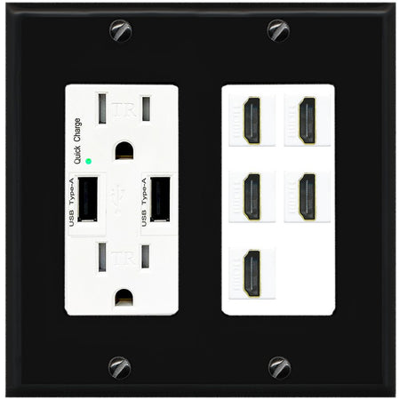 RiteAV 5 Port HDMI Wall Plate - USB Outlet [Black/White]