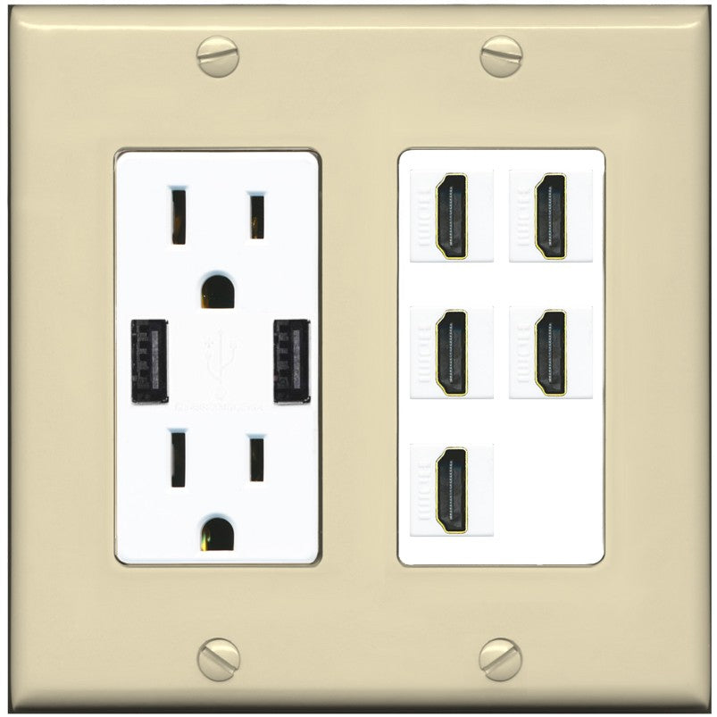 RiteAV 5 Port HDMI Wall Plate - USB Outlet [Ivory/White]