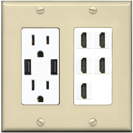 RiteAV 5 Port HDMI Wall Plate - USB Outlet [Ivory/White]