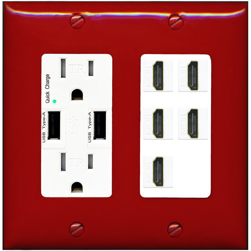 RiteAV 5 Port HDMI Wall Plate - USB Outlet [Red/White]