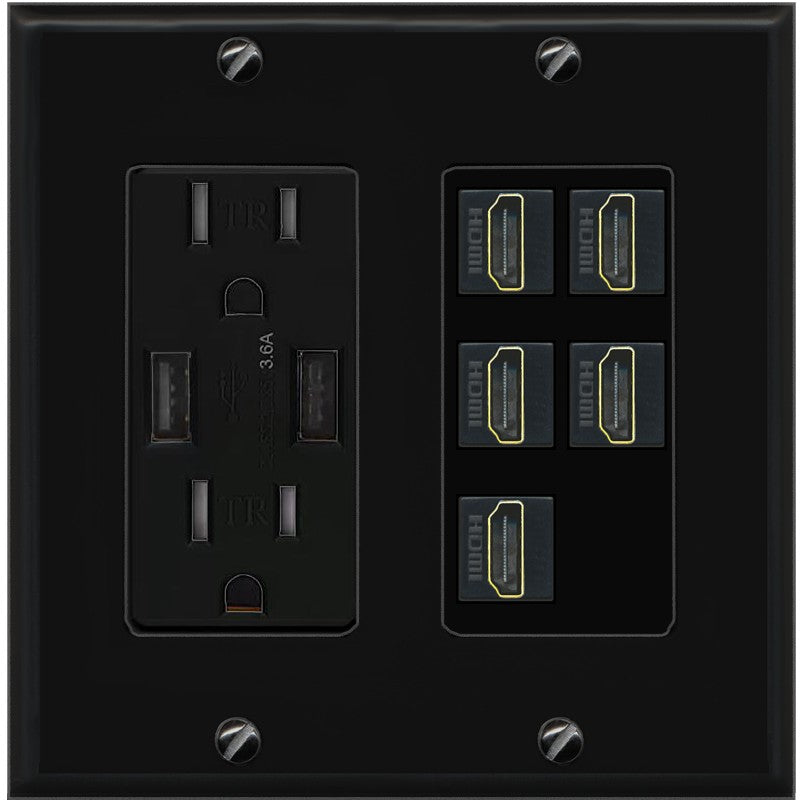 RiteAV 5 Port HDMI Wall Plate - USB Outlet [Black/Black]