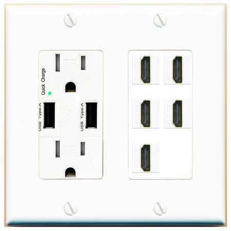RiteAV 5 Port HDMI Wall Plate - USB Outlet [White]