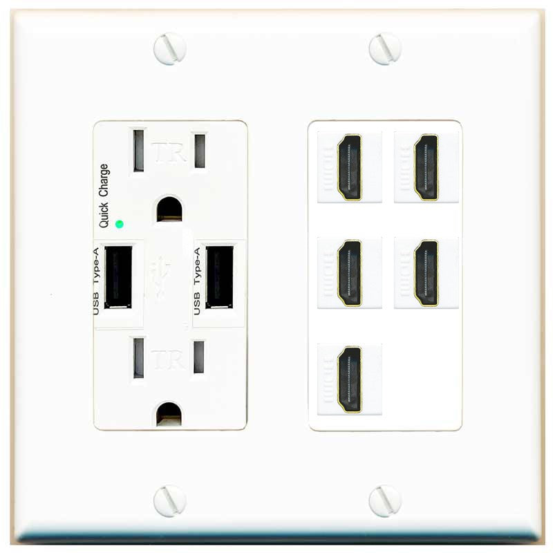 RiteAV 5 Port HDMI Wall Plate - USB Outlet [White]