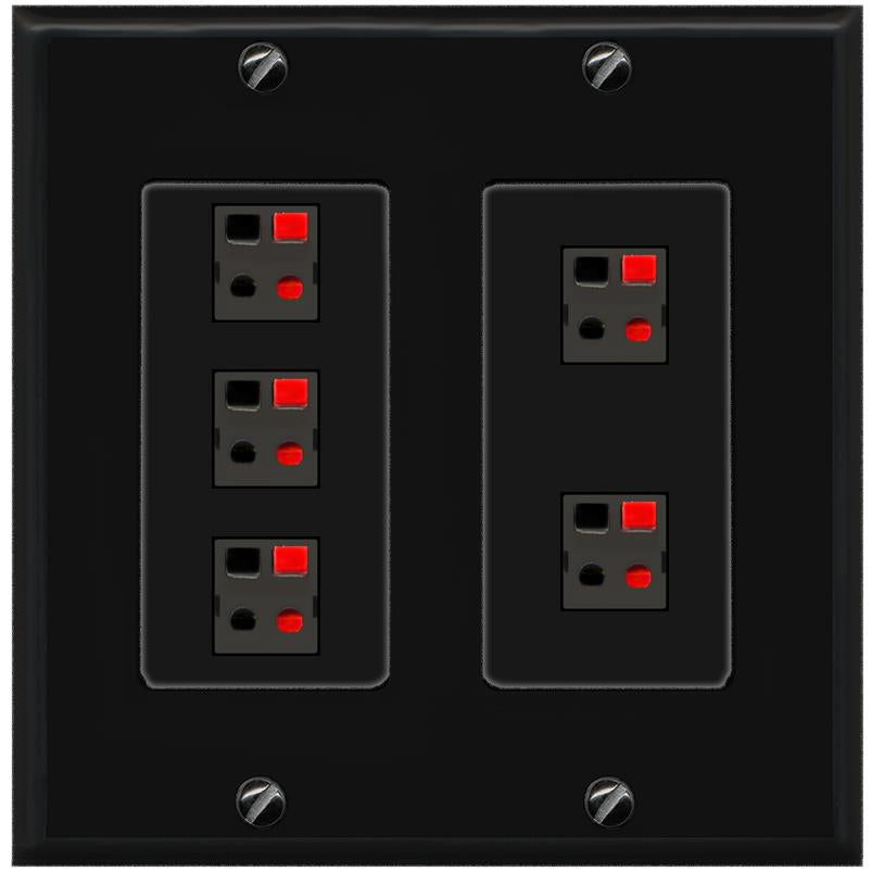 RiteAV 5 Port Speaker Wire Plug Jack Wall Plate - 2 Gang [Black/Black]