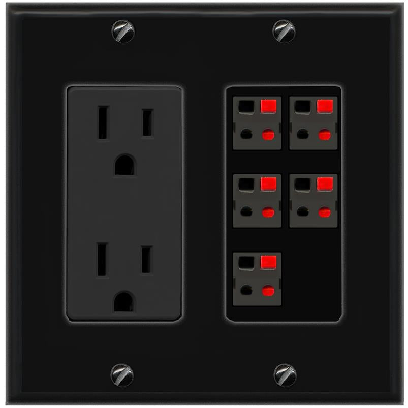 RiteAV 5 Port Speaker Wire Plug Jack Wall Plate - Outlet [Black/Black]