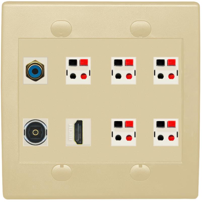 2 Gang Spring Clip Style 5.1 Speaker Wall Plate With 1 Port HDMI TOSLINK RCA Connectors - Flat 2 Gang [Ivory/Ivory]
