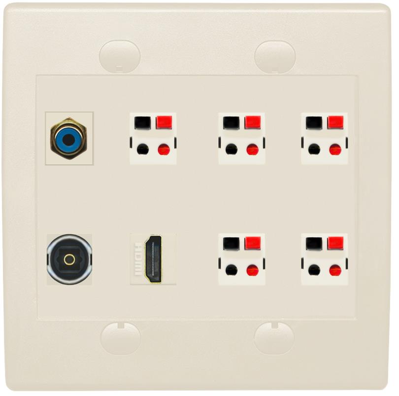 2 Gang Spring Clip Style 5.1 Speaker Wall Plate With 1 Port HDMI TOSLINK RCA Connectors - Flat 2 Gang [Light Almond]