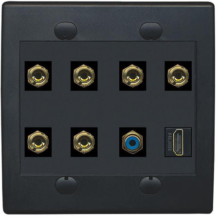 RiteAV 3 Speaker 6 Banana Binding Post Wall Plate 1 x RCA and HDMI - Flat 2 Gang [Black/Black]