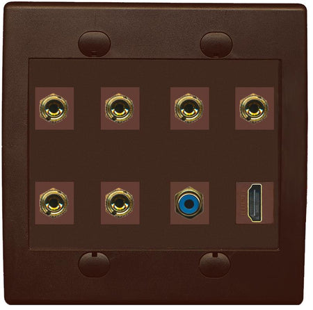 RiteAV 3 Speaker 6 Banana Binding Post Wall Plate 1 x RCA and HDMI - Flat 2 Gang [Brown/Brown]