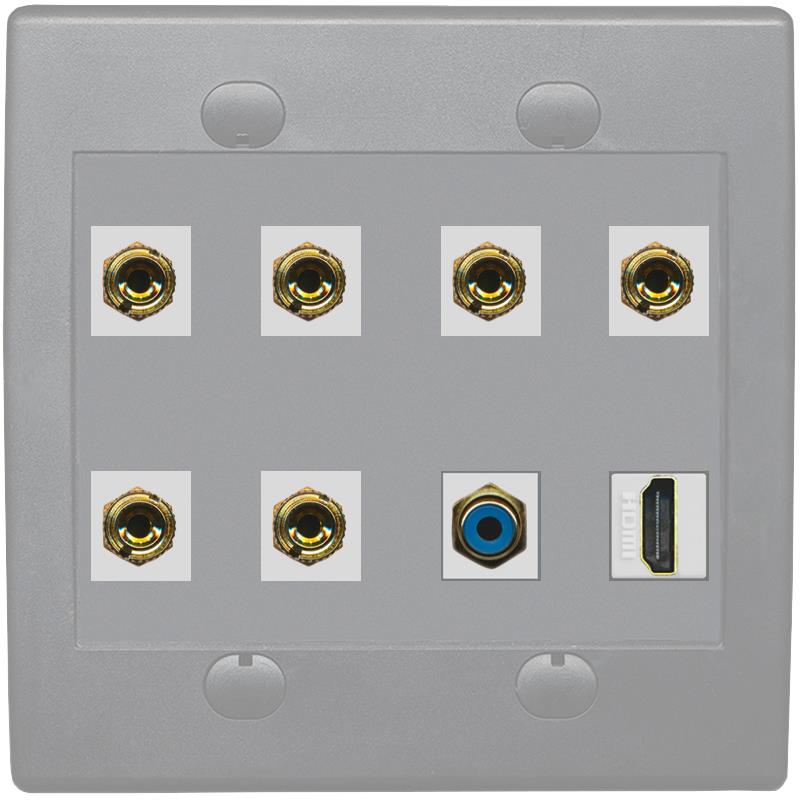 RiteAV 3 Speaker 6 Banana Binding Post Wall Plate 1 x RCA and HDMI - Flat 2 Gang [Gray/Gray]