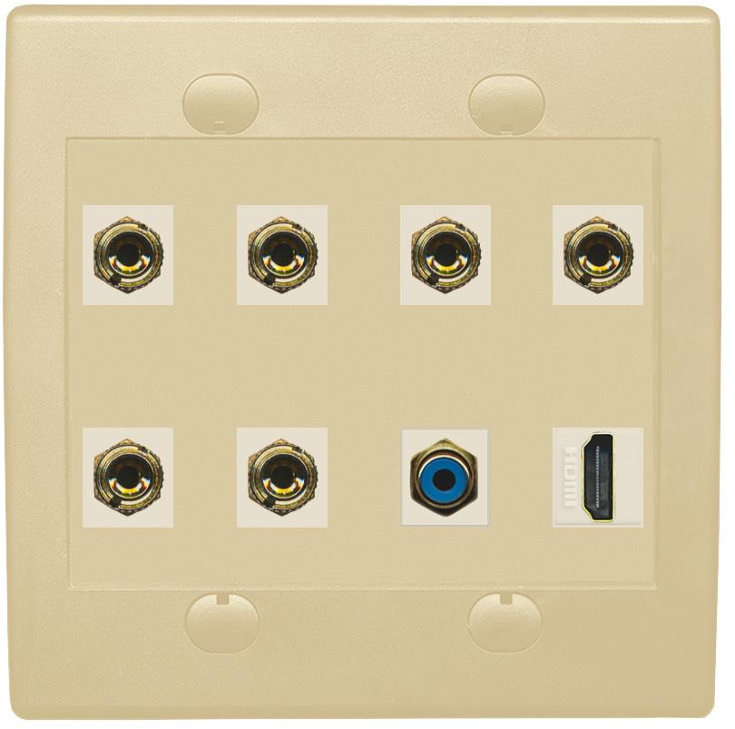 RiteAV 3 Speaker 6 Banana Binding Post Wall Plate 1 x RCA and HDMI - Flat 2 Gang [Ivory/Ivory]