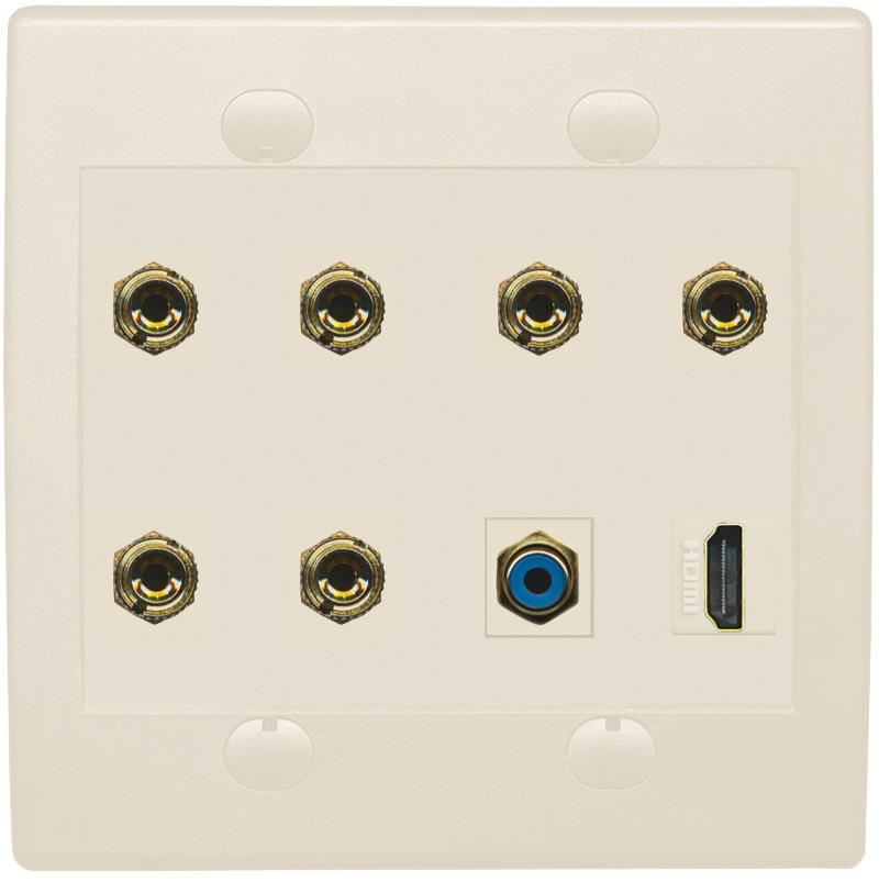 RiteAV 3 Speaker 6 Banana Binding Post Wall Plate 1 x RCA and HDMI - Flat 2 Gang [Light Almond]