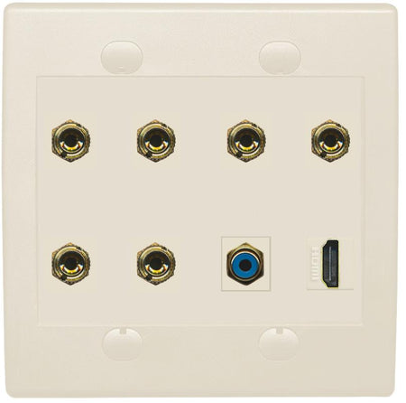 RiteAV 3 Speaker 6 Banana Binding Post Wall Plate 1 x RCA and HDMI - Flat 2 Gang [Light Almond]