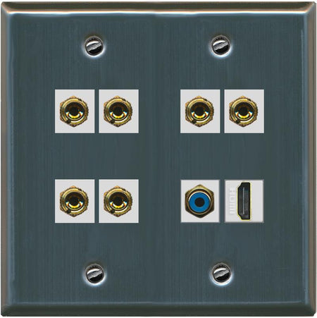 RiteAV 3 Speaker 6 Banana Binding Post Wall Plate 1 x RCA and HDMI - Flat 2 Gang [Stainless Steel]