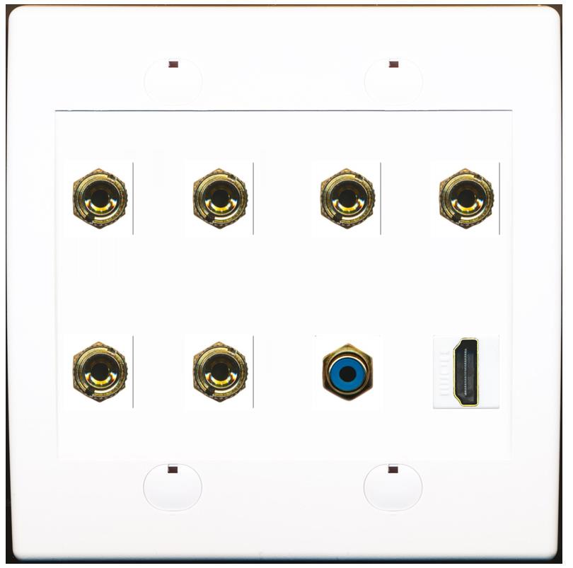 RiteAV 3 Speaker 6 Banana Binding Post Wall Plate 1 x RCA and HDMI - Flat 2 Gang [White]