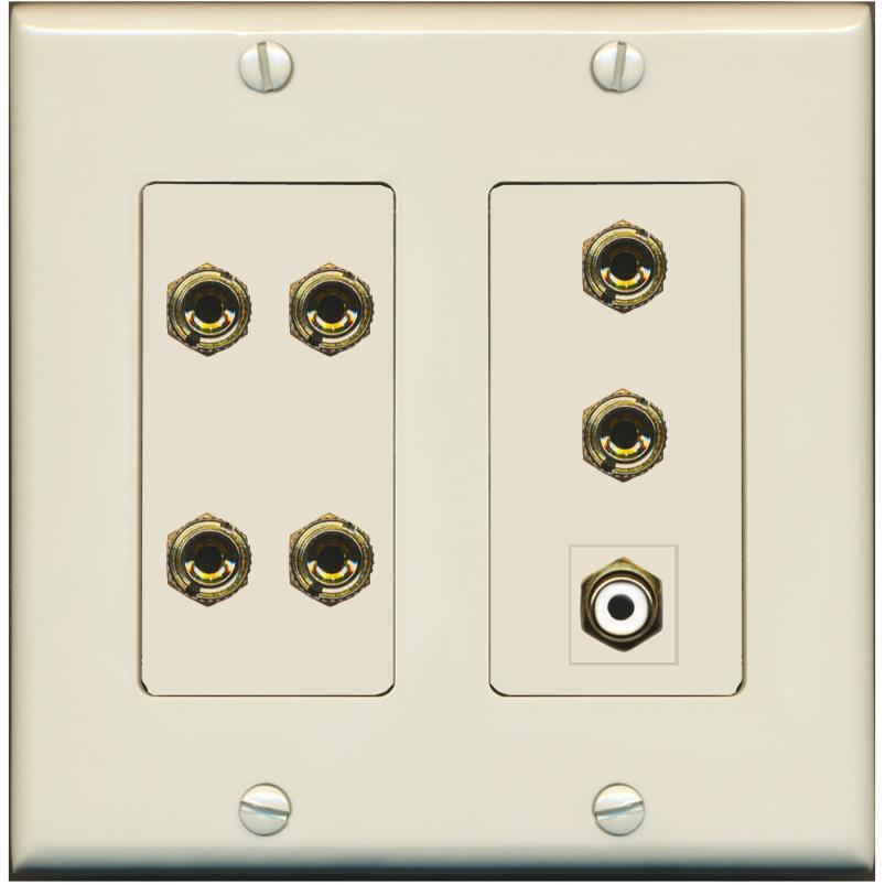 RiteAV 3.1 Speaker 6 Banana Binding Post Wall Plate with 1 x RCA - 2 Gang [Light-Almond]