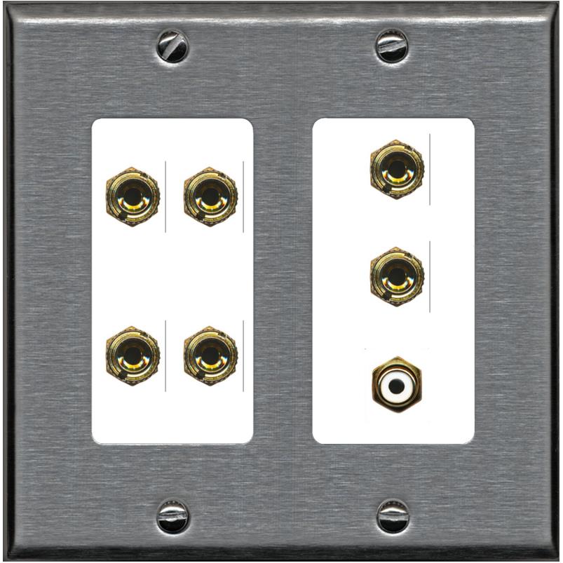 RiteAV 3.1 Speaker 6 Banana Binding Post Wall Plate with 1 x RCA - 2 Gang [Stainless/White]