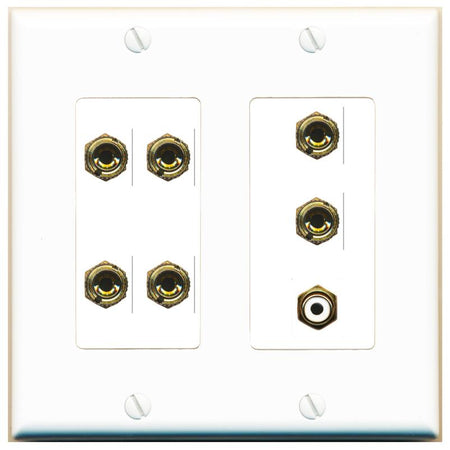 RiteAV 3.1 Speaker 6 Banana Binding Post Wall Plate with 1 x RCA - 2 Gang [White]