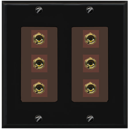 RiteAV 6 Banana 3 Speaker Surround Female Coupler Binding Post Wall Plate - 2 Gang [Black/Brown]