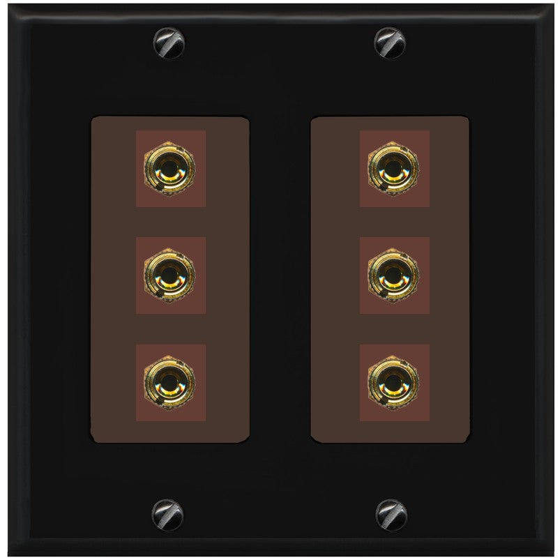 RiteAV 6 Banana 3 Speaker Surround Female Coupler Binding Post Wall Plate - 2 Gang [Black/Brown]