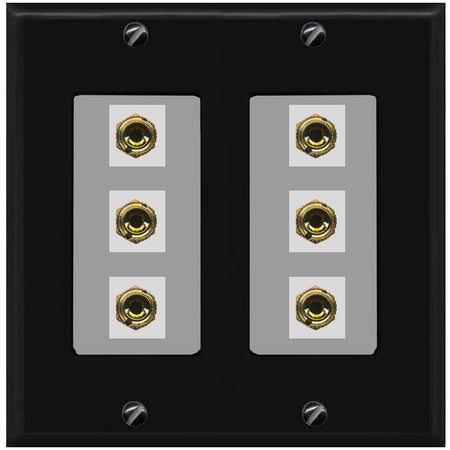 RiteAV 6 Banana 3 Speaker Surround Female Coupler Binding Post Wall Plate - 2 Gang [Black/Gray]