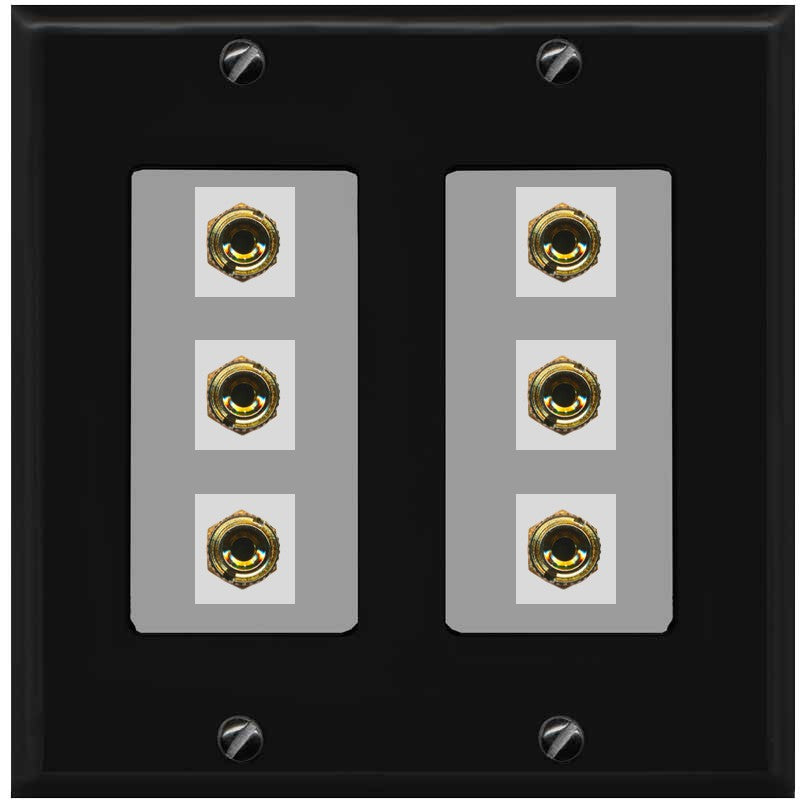 RiteAV 6 Banana 3 Speaker Surround Female Coupler Binding Post Wall Plate - 2 Gang [Black/Gray]