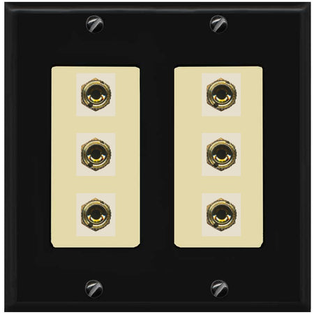 RiteAV 6 Banana 3 Speaker Surround Female Coupler Binding Post Wall Plate - 2 Gang [Black/Ivory]