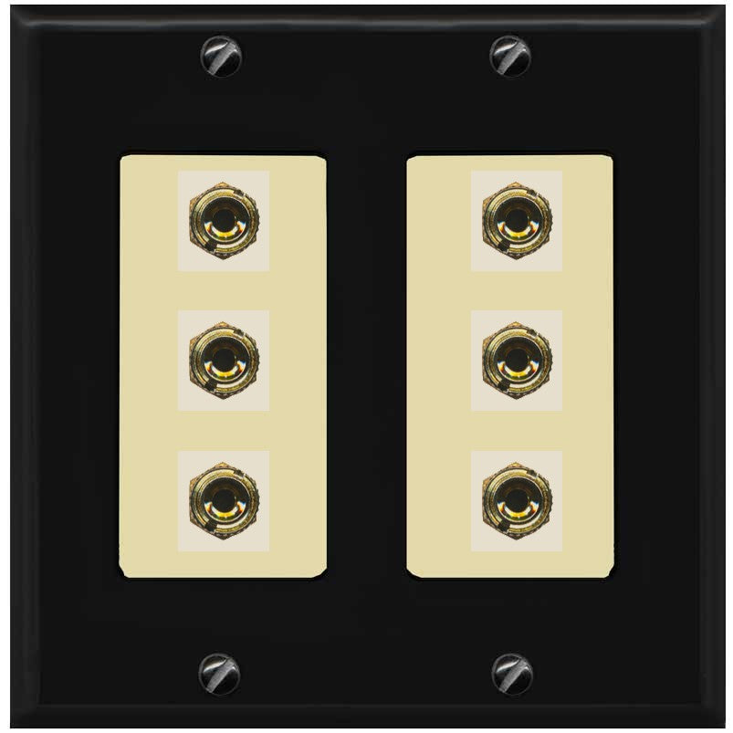 RiteAV 6 Banana 3 Speaker Surround Female Coupler Binding Post Wall Plate - 2 Gang [Black/Ivory]