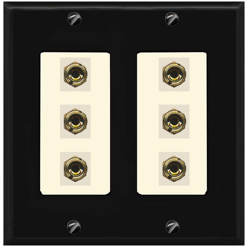 RiteAV 6 Banana 3 Speaker Surround Female Coupler Binding Post Wall Plate - 2 Gang [Black/Light-Almond]