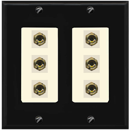 RiteAV 6 Banana 3 Speaker Surround Female Coupler Binding Post Wall Plate - 2 Gang [Black/Light-Almond]