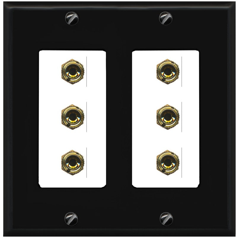 RiteAV 6 Banana 3 Speaker Surround Female Coupler Binding Post Wall Plate - 2 Gang [Black/White]