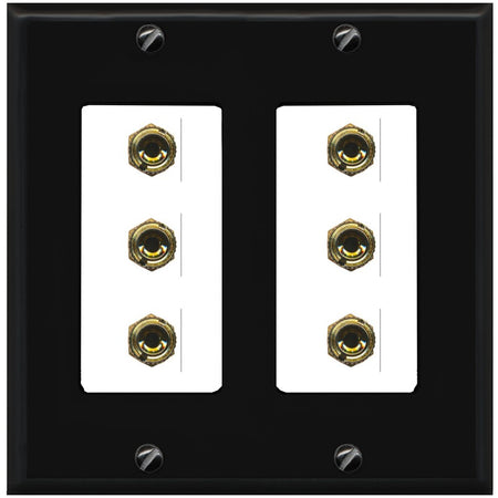 RiteAV 6 Banana 3 Speaker Surround Female Coupler Binding Post Wall Plate - 2 Gang [Black/White]