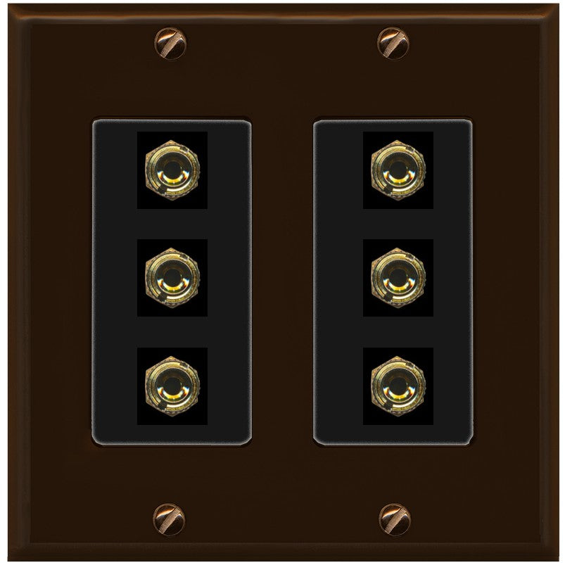 RiteAV 6 Banana 3 Speaker Surround Female Coupler Binding Post Wall Plate - 2 Gang [Brown/Black]