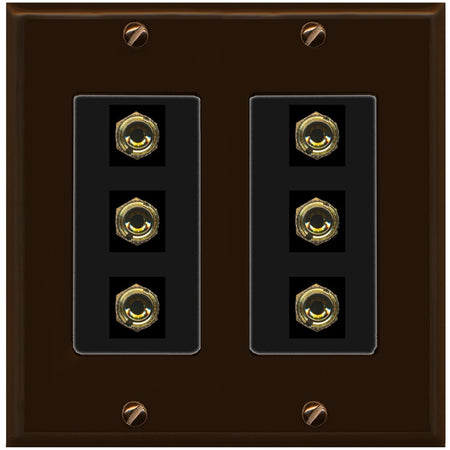 RiteAV 6 Banana 3 Speaker Surround Female Coupler Binding Post Wall Plate - 2 Gang [Brown/Black]